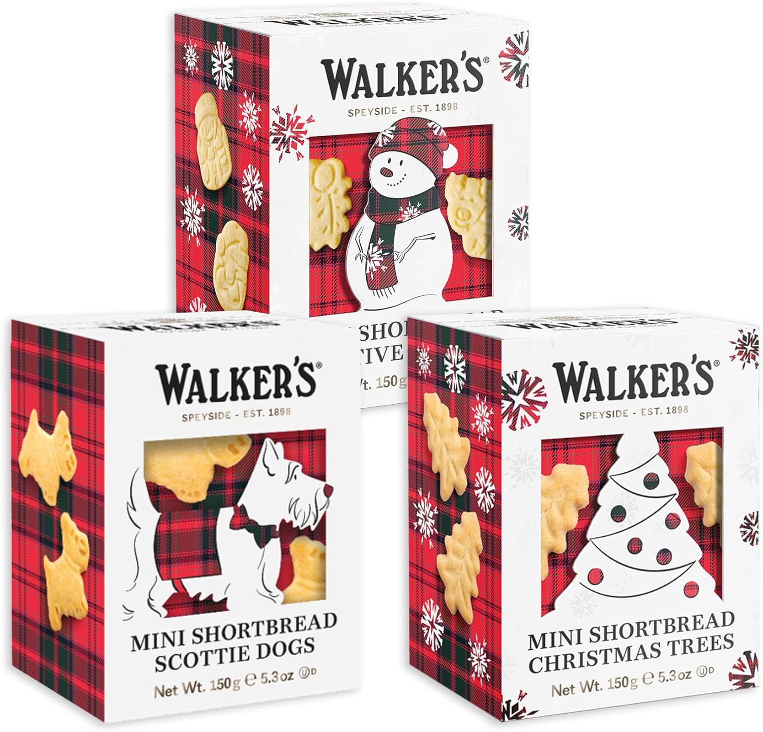 Walker’s Shortbread Variety Pack, 15.9 oz, 3 Boxes, Includes Scottie Dog, Snowman & Tree Shaped Mini Christmas Cookies