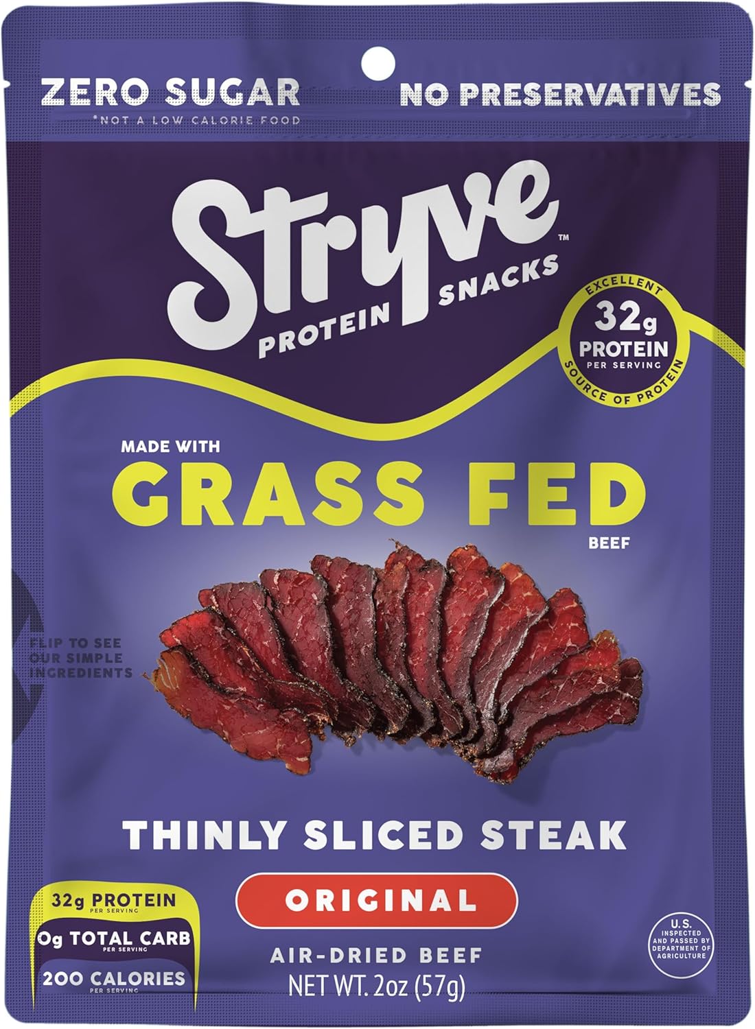 Stryve Protein Snacks - Better Than Jerky Steak - Grassfed Beef Biltong | 32g Protein, Sugar Free, Zero Carbs, Gluten Free, Dairy Free, Keto & Paleo Friendly | Original, Pack Of 4