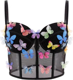Testudineus Women Chic Butterfly Embroidered Corset Top Spaghetti Strap Sheer Mesh Push Up Bustier Bralette