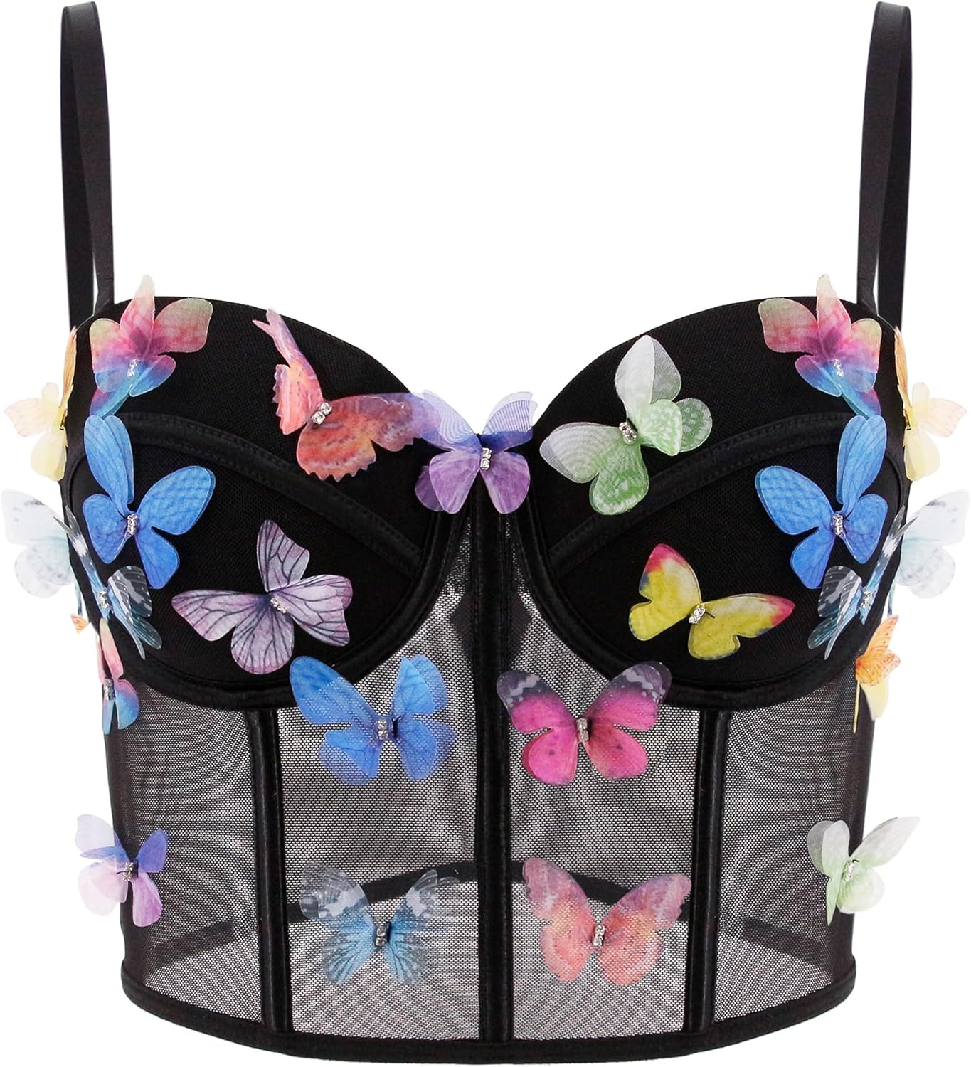 Testudineus Women Chic Butterfly Embroidered Corset Top Spaghetti Strap Sheer Mesh Push Up Bustier Bralette