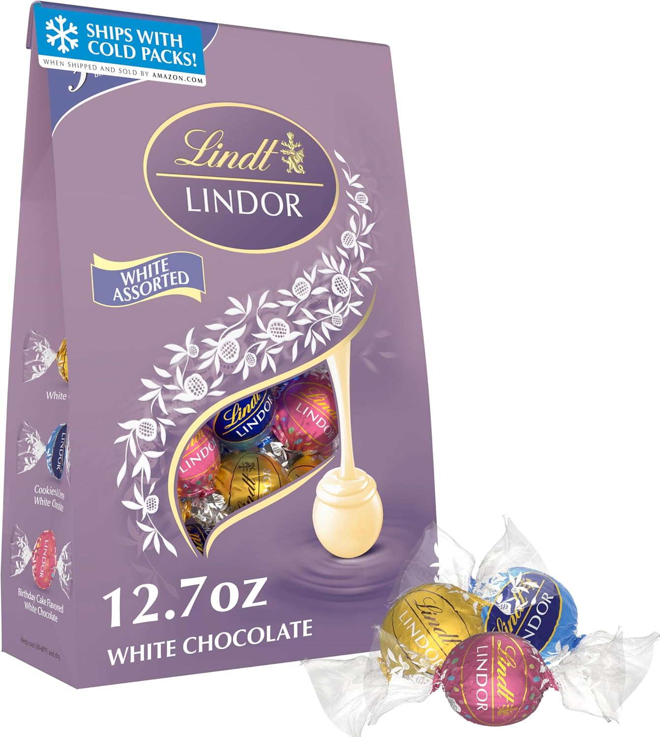 Lindt LINDOR Assorted White Chocolate Candy Truffles, 12.7 oz Bag