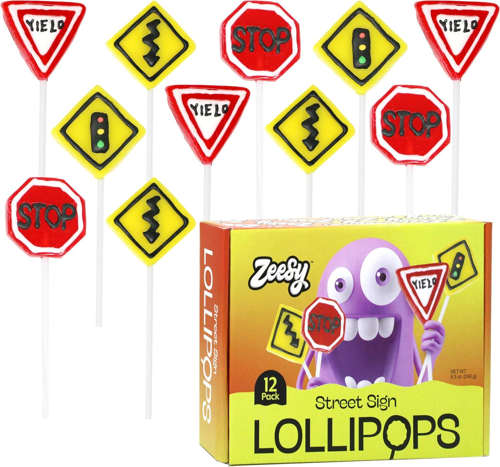 Street Sign Party Lollipops Individually Wrapped - 12 Safety Lollipops Candy Suckers for Car Themed Party Favors, Transportation Birthday, New Driver Party - Road Sign Traffic Sign Lollipops