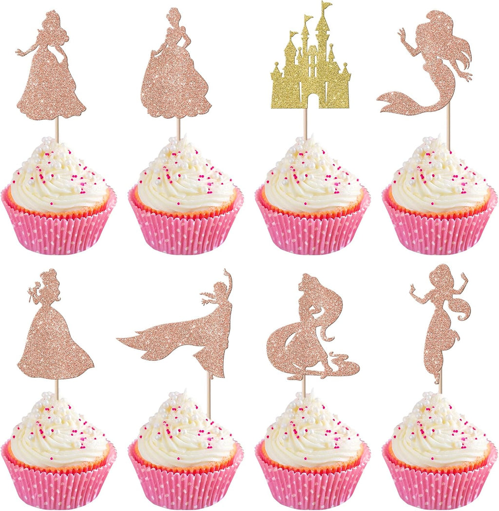 Rsstarxi 24 Pack Mermaid Birthday Cupcake Toppers Glitter Castle Girl Birthday Princess Cupcake Picks Decorations for Princess Mermaid Theme Baby Shower Birthday Party Cake Decorations Rose Gold
