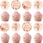 Wild One Birthday Decorations Girl, 36pcs Wildflower First Birthday Decorations Cupcake Toppers 3 Tpyes Double-Sided Printing Pre-Assembled for Our Little Wildflower Is Turning One Decor
