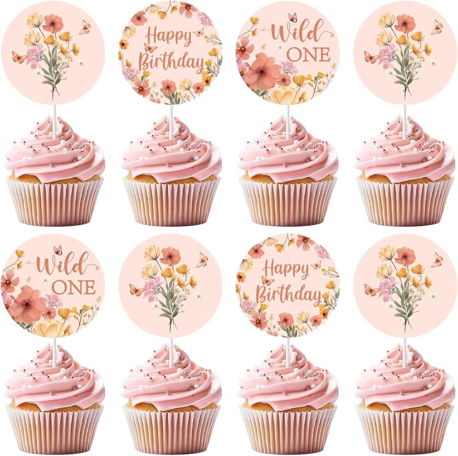 Wild One Birthday Decorations Girl, 36pcs Wildflower First Birthday Decorations Cupcake Toppers 3 Tpyes Double-Sided Printing Pre-Assembled for Our Little Wildflower Is Turning One Decor