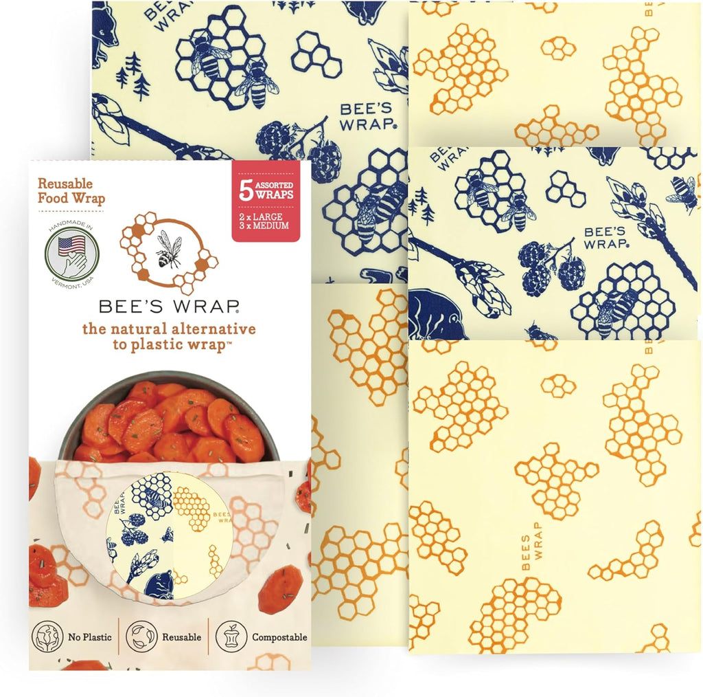 Bee's Wrap Beeswax Wraps for Food - Assorted 5 Pack of Beeswax Wraps - 2 Large & 3 Medium Wrap - Plastic Free Made in USA Reusable Natural Food Wrap - Honeycomb & Bees + Bears