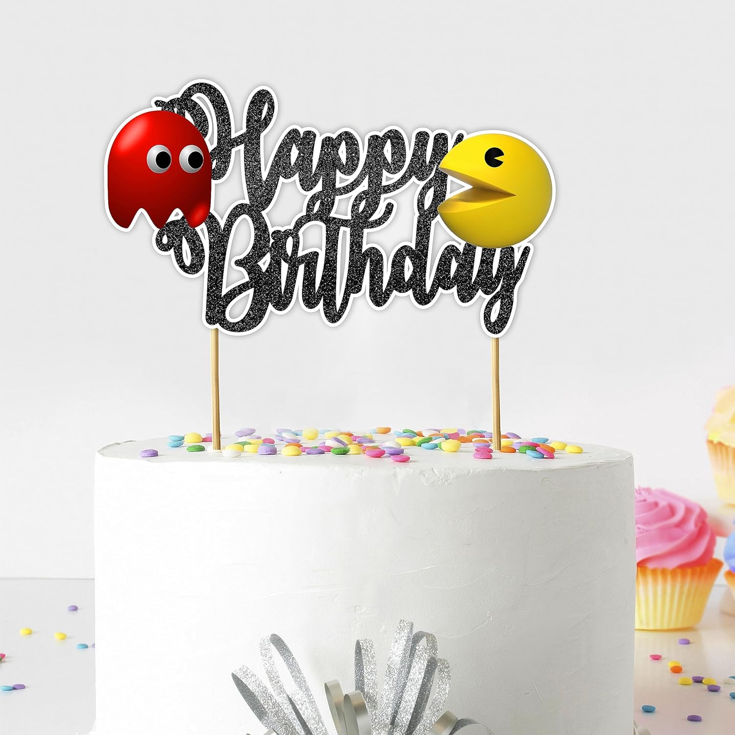 "Pacmn Ghost Happy Birthday Cake Topper – Retro Arcade Game Theme Party Decoration – Fun Gamer Birthday Cake Topper Boys, Girls, Teens, and Adults – Classic Video Game Birthday Party Supplies"