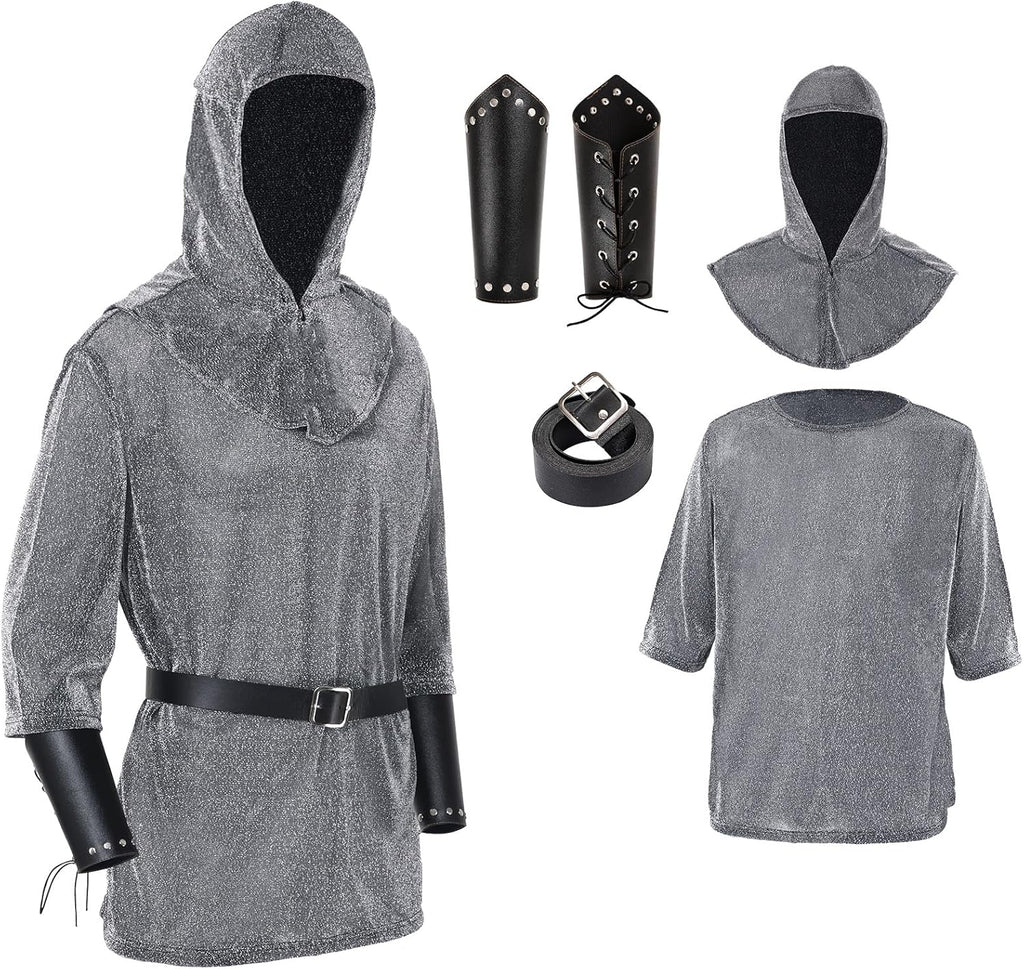 Medieval Knight Costume Men Fake Chainmail Shirt Tunic With Bracers Belt Viking Ren Faire Templar Crusader Cosplay