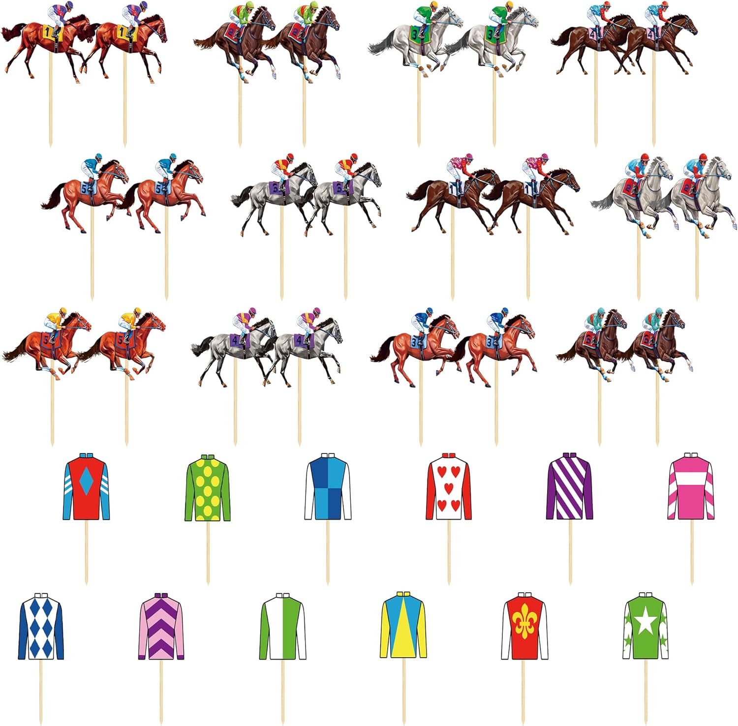36 PCS Kentucky Horse Cupcake Toppers, 24 Style Derby Decorations, Clothing Jockey Horse Racing Derby Toothpicks Run for the Rose Cupcake Toppers, Run for the Roses Theme Horse Party Supplies