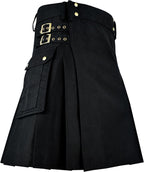 Black Utility Kilt for Men Traditional Scottish Highland Wear Solid Pleated Cotton with Cargo Pockets