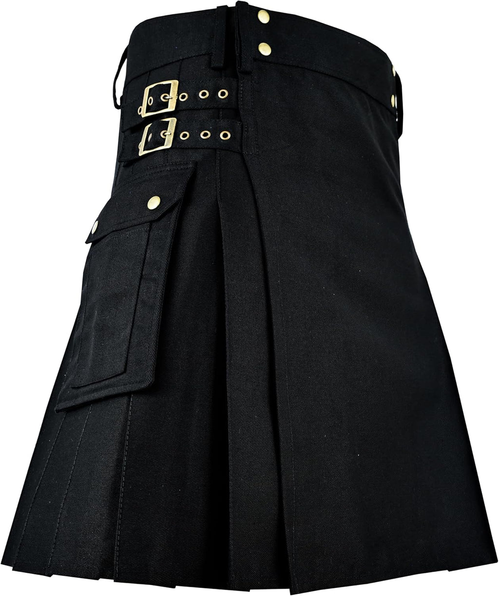 Black Utility Kilt for Men Traditional Scottish Highland Wear Solid Pleated Cotton with Cargo Pockets