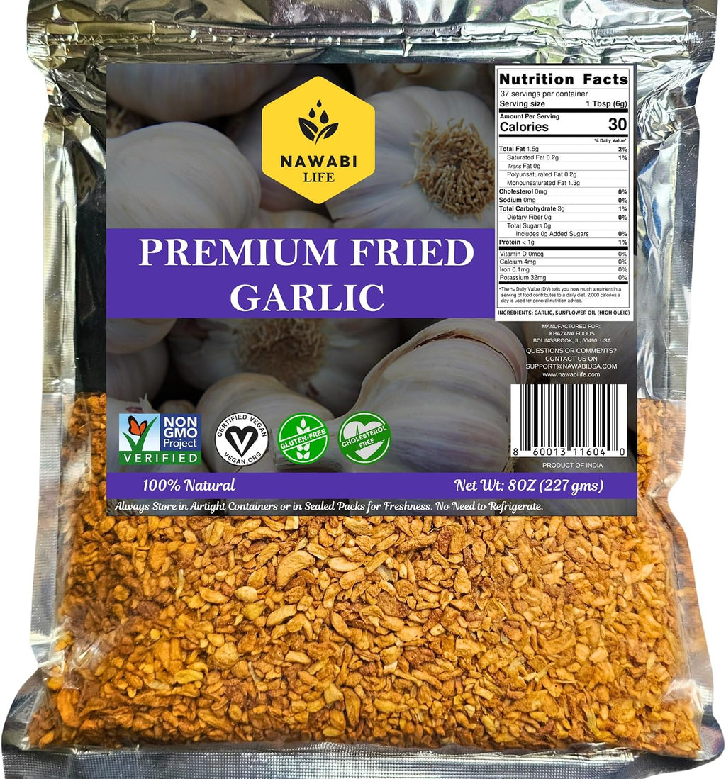 Fried Garlic | 100% Natural (Non-GMO) | Gluten Free | KETO Friendly | No Sodium | Low Carb | Resealable Bag | 8oz | By Nawabi Life
