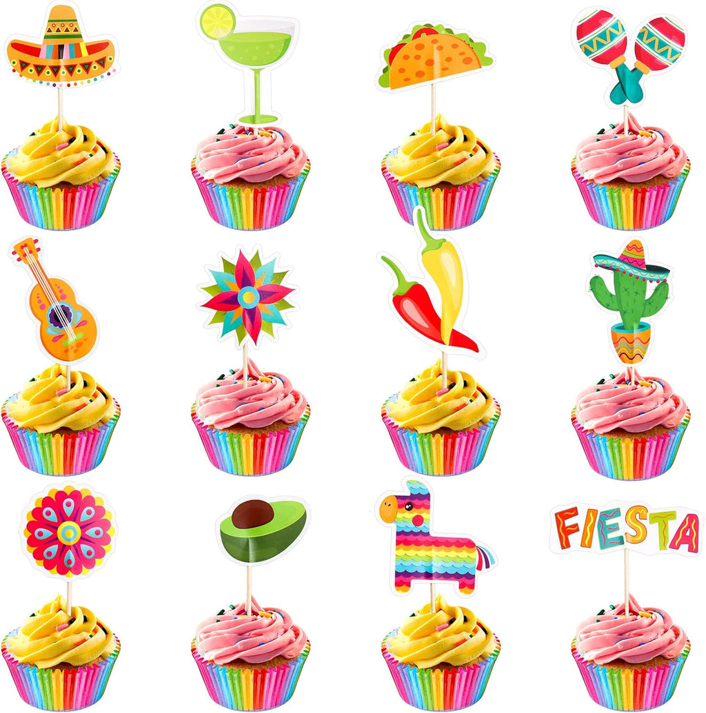 48PCS Fiesta Cupcake Toppers Cinco de Mayo Decorations Mexican Fiesta Party Decorations Supplies
