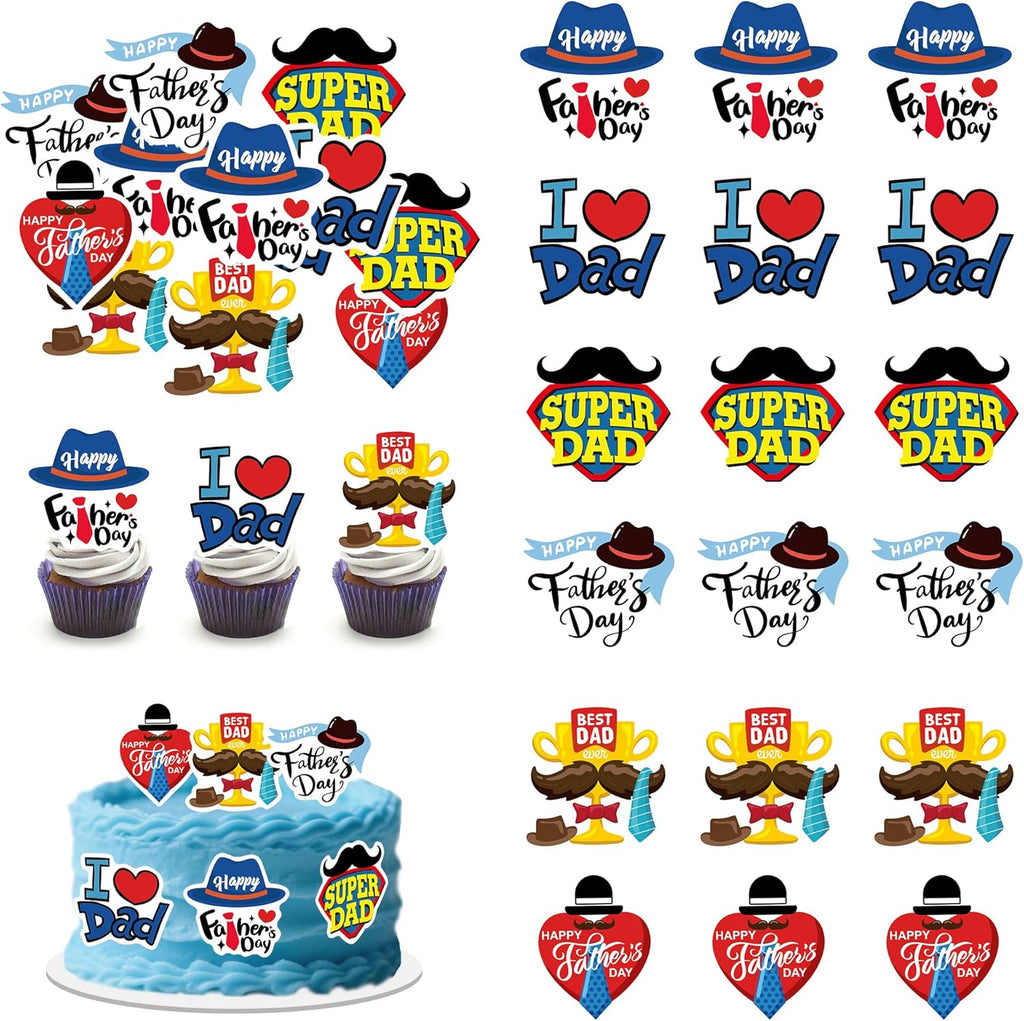48 Pcs Edible Happy Fathers Day Cupcake Toppers Picks Happy Father's Day Theme Men Birthday Party Cake Decorations Supplies