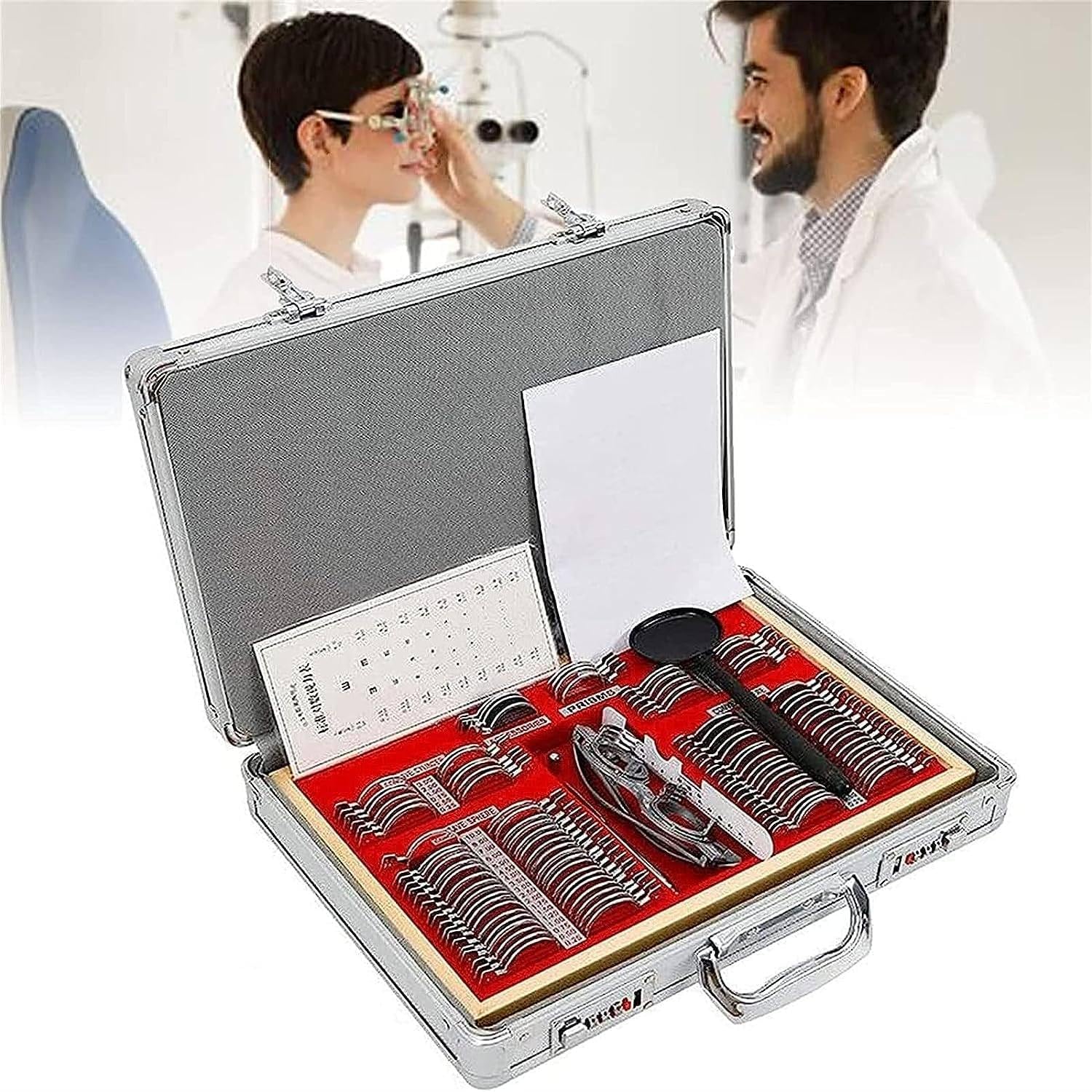 104pcs Professional Optometry Eye Equipment,Optical Trial Lens Frame Set,Ophthalmic Instrument Optical Trial Lens Set,w/Metal Rim Aluminum Case+Free Trial Frame