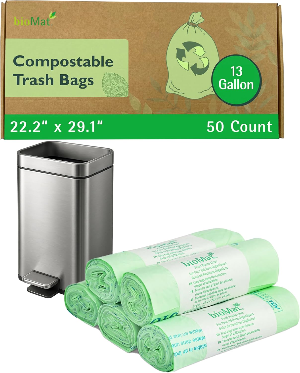 bioMat Compostable Trash Bags 13 Gallon, 50 Count, Tall Kitchen Food Scrap Bin Liners, BPI, CMA and OK Compost HOME certified, Meets the ASTM D6400 Standard