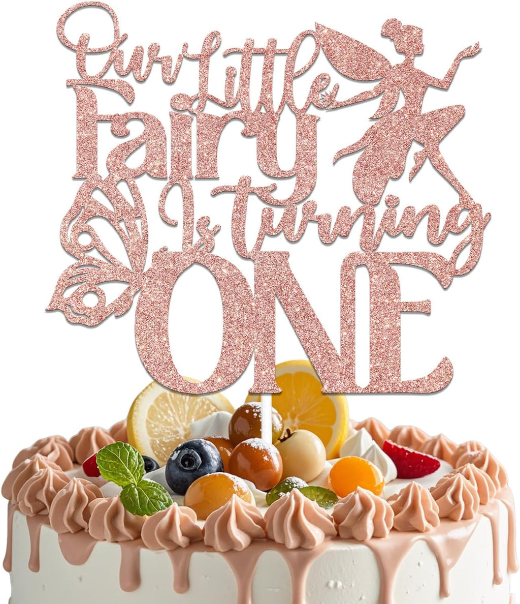 LANKBACK Our Little Fairy is Turning One Cake Topper Happy 1st Girl's Birthday Party Supplies Girl Fairy First Birthday Decorations Rose Gold
