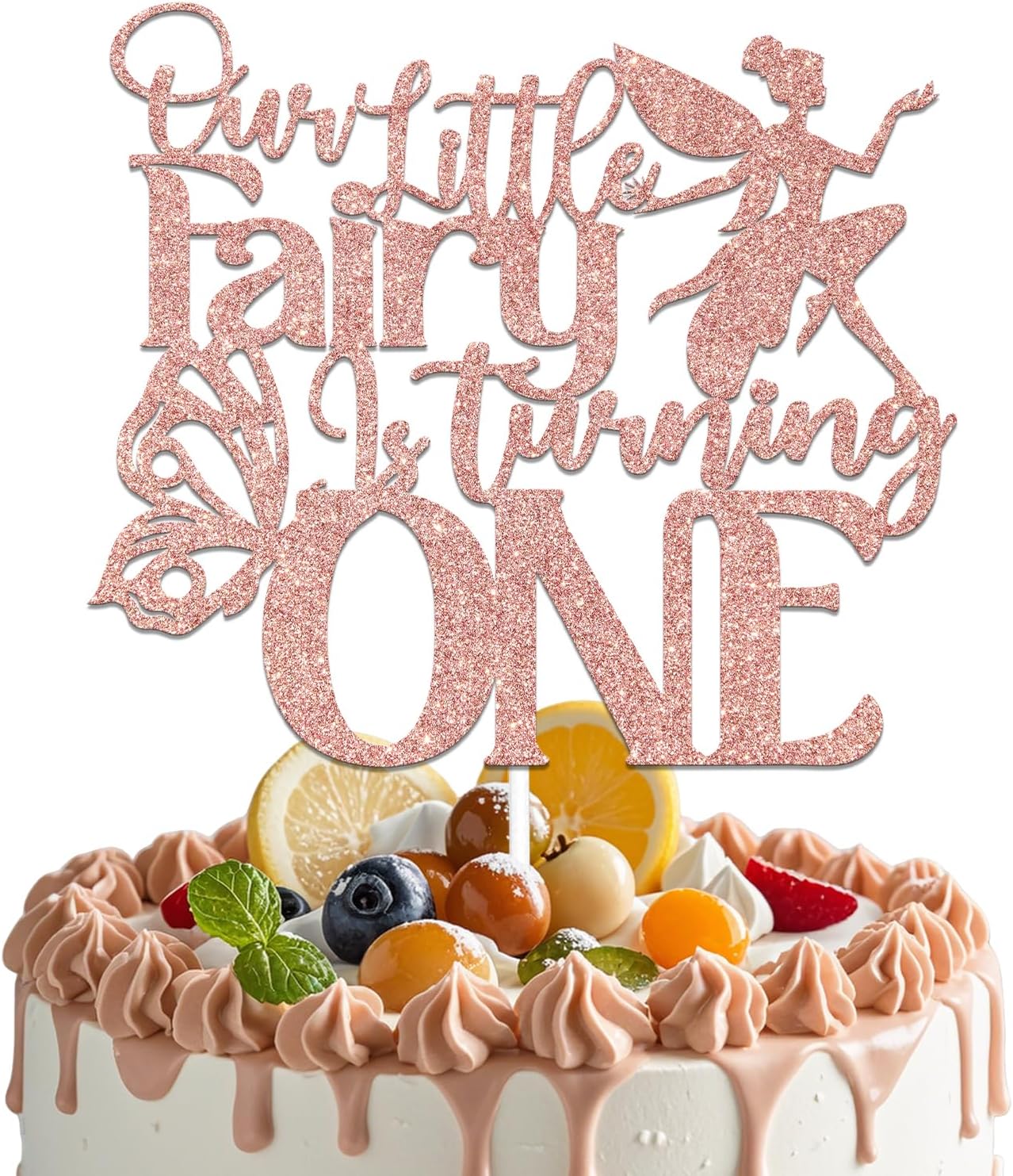 LANKBACK Our Little Fairy is Turning One Cake Topper Happy 1st Girl's Birthday Party Supplies Girl Fairy First Birthday Decorations Rose Gold