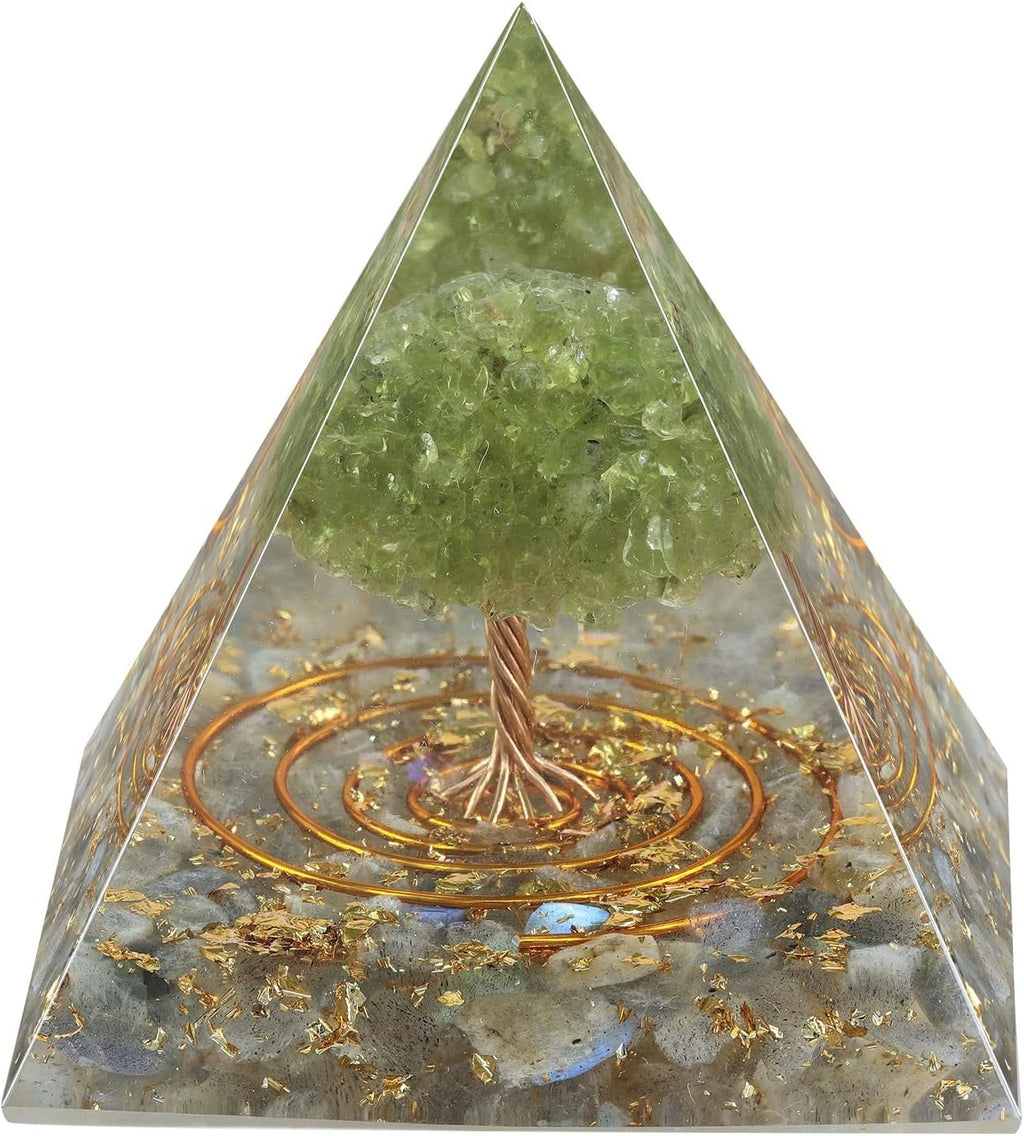 Peridot Crystal Stones Tree of Life Orgone Pyramid Positive Energy Protection Generator for Healing Chakra Resin Vastu Home Decor, Labradorite