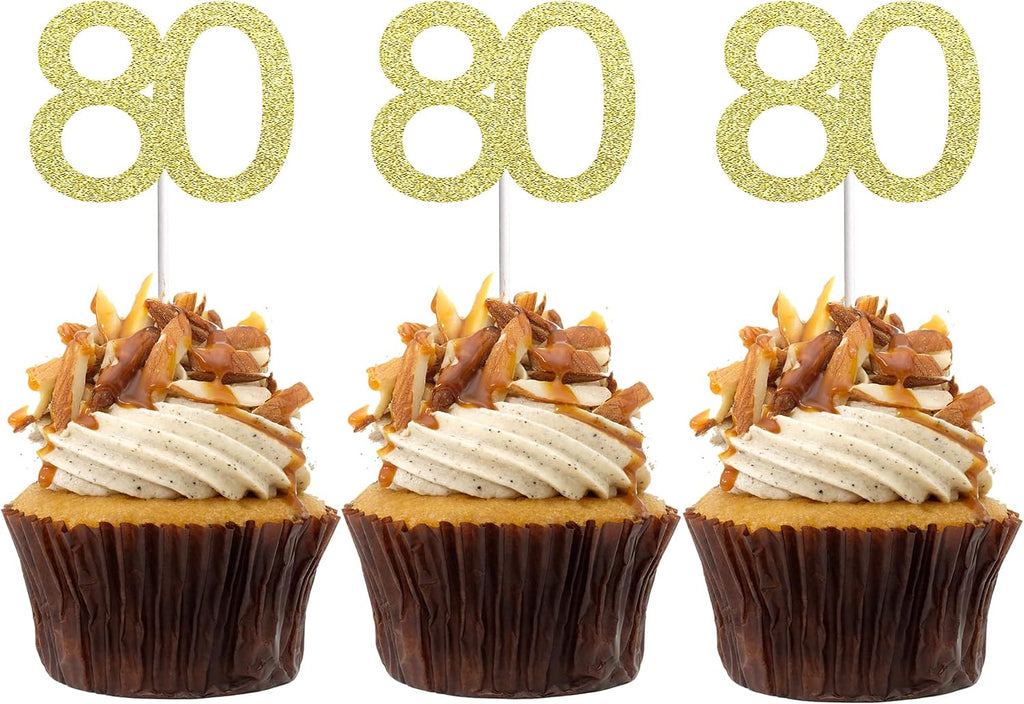24 PCS 80th Cupcake Toppers - Anniversary or Birthday Cupcake Picks Party Decoration Supplies | Gold 80th