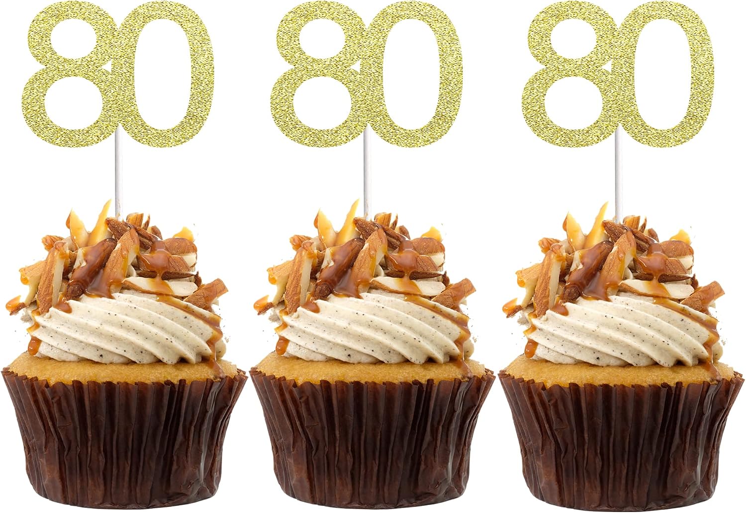 24 PCS 80th Cupcake Toppers - Anniversary or Birthday Cupcake Picks Party Decoration Supplies | Gold 80th