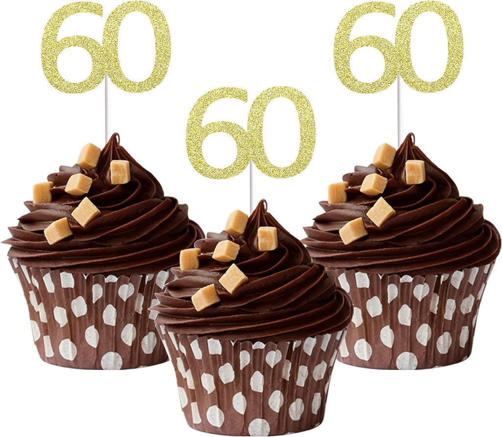 Sumerk 24PCS 60 Cupcake toppers Gold Glitter 60th Birthday Cupcake Picks Anniversary Party Decorations
