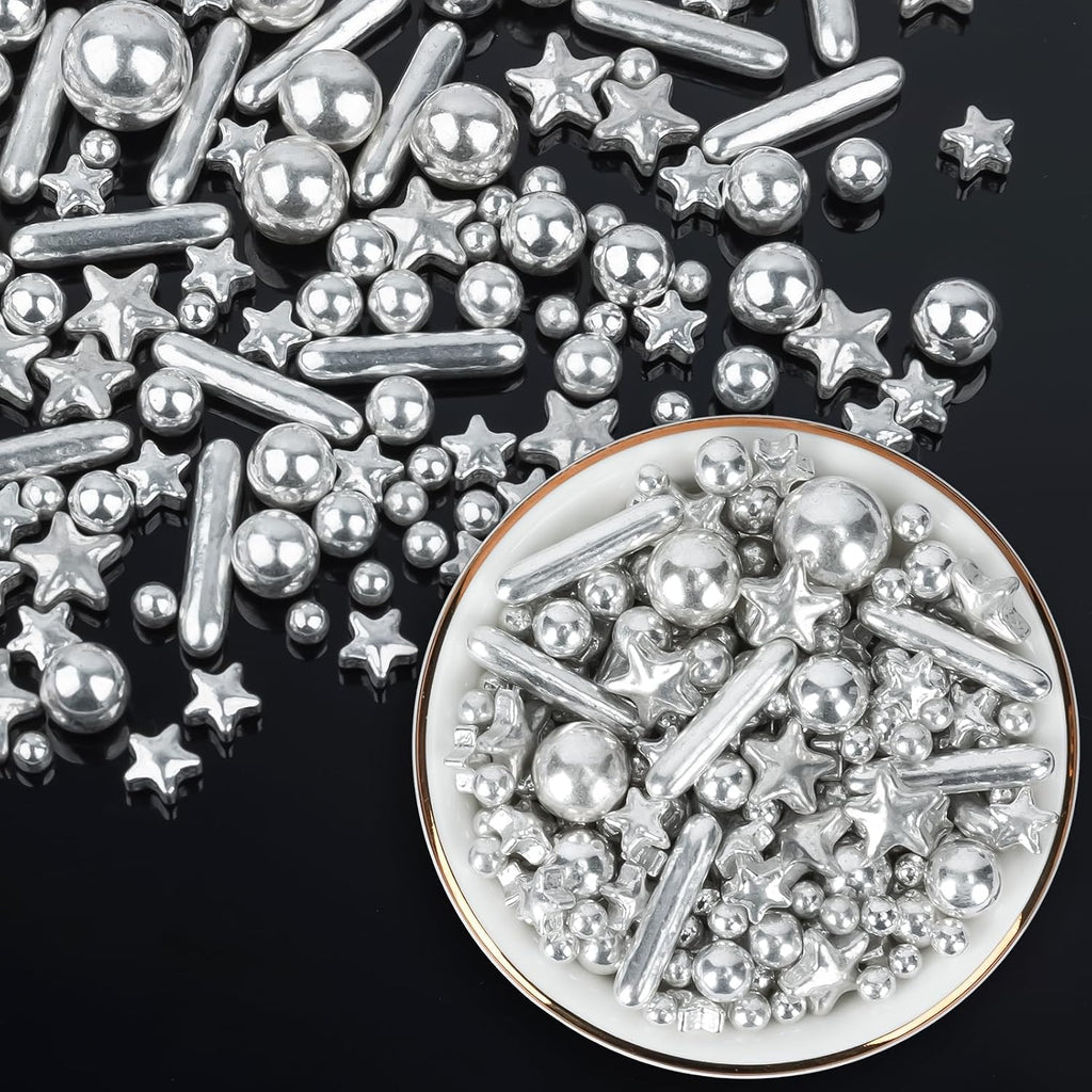 Silver Pearl Sprinkles for Cake Decorating,130g,Edible Stars Rods Sprinkle,Mix Size,Baking Cake Decorations,Cupcake Toppers,Cookie Donuts Ice Cream,Birthday Wedding Mother's Day Party Easter Supplies