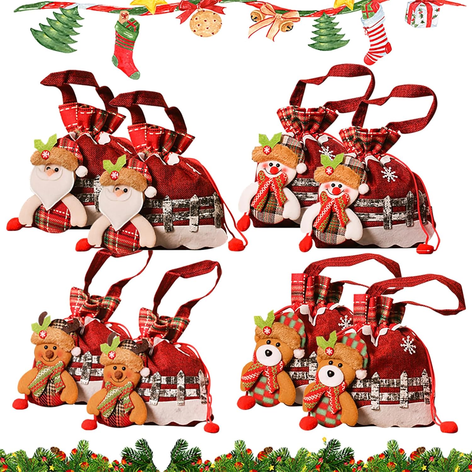 8 Pcs Christmas Gift Bags With Drawstring,Cute Bear Santa Claus Snowman Apple Bags Christmas Candy Storage Pack For Festival Party