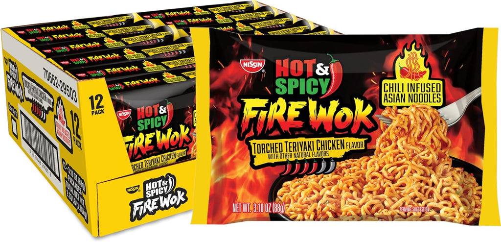 Nissin Fire Wok, Torched Teriyaki Chicken, Hot & Spicy Chile Infused Asian Noodles, 3.10 Ounce (Pack of 12)