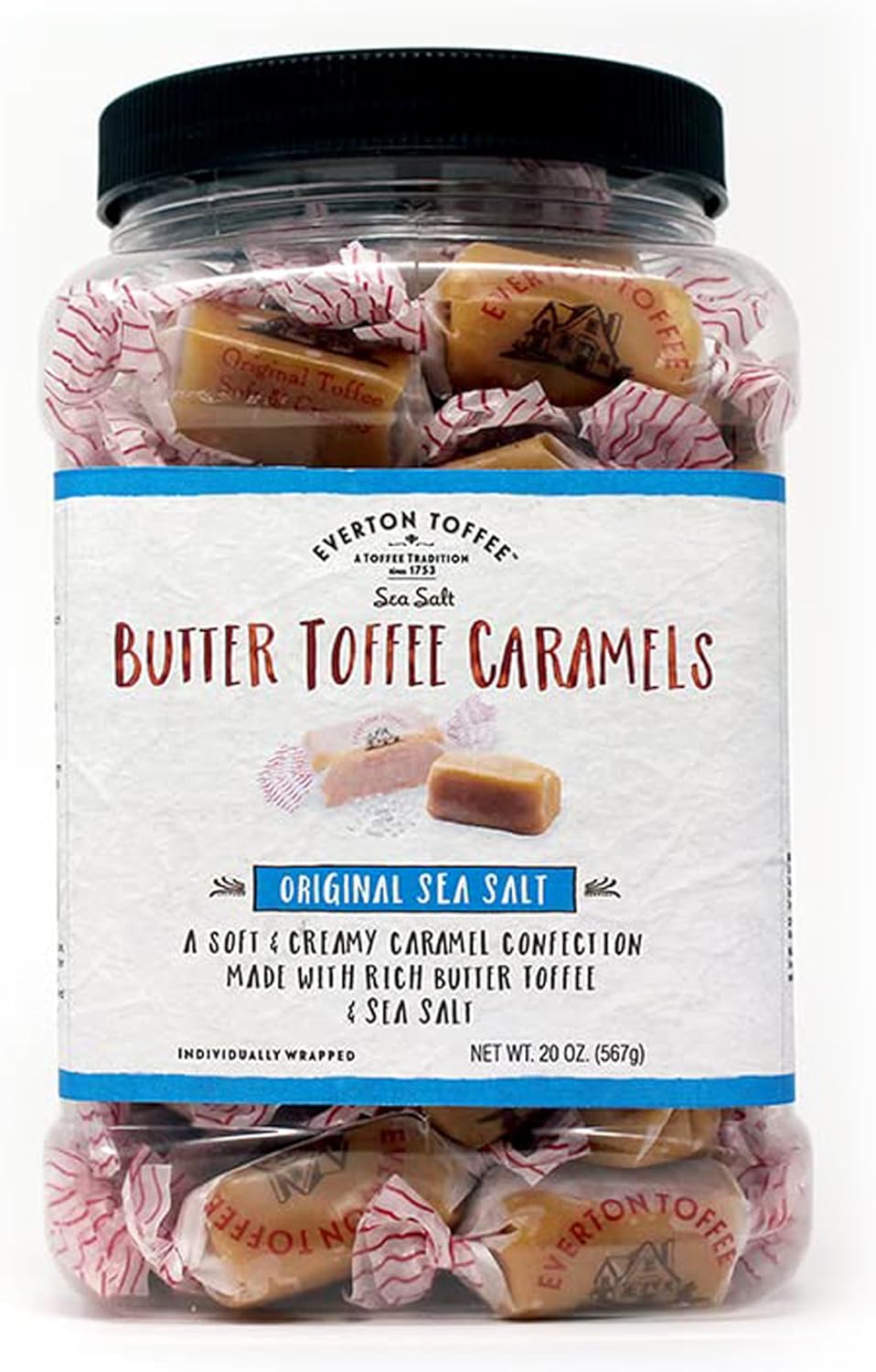 Everton Toffee Butter Toffee Caramels, Original Sea Salt Flavor 50 count (20 oz. Grab Jar). Gourmet artisan Creamy, soft and creamy caramel candy, small batch crafted toffee treats.