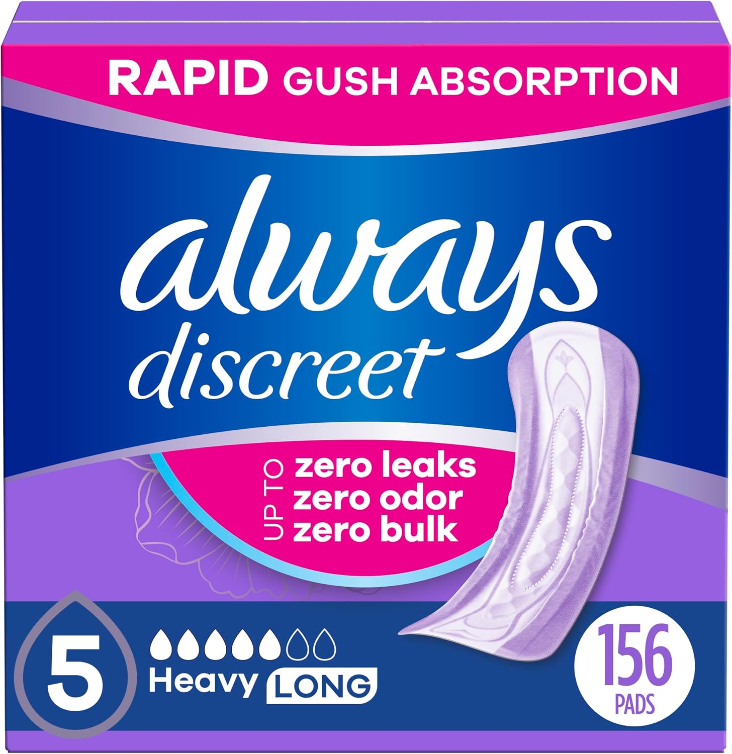 Always Discreet Adult Incontinence Pads for Women, Drier, 5 Drop Long Length, Heavy Absorbency, Pads for Bladder Control Management, Bladder Leaks, & Postpartum Pads, 156ct