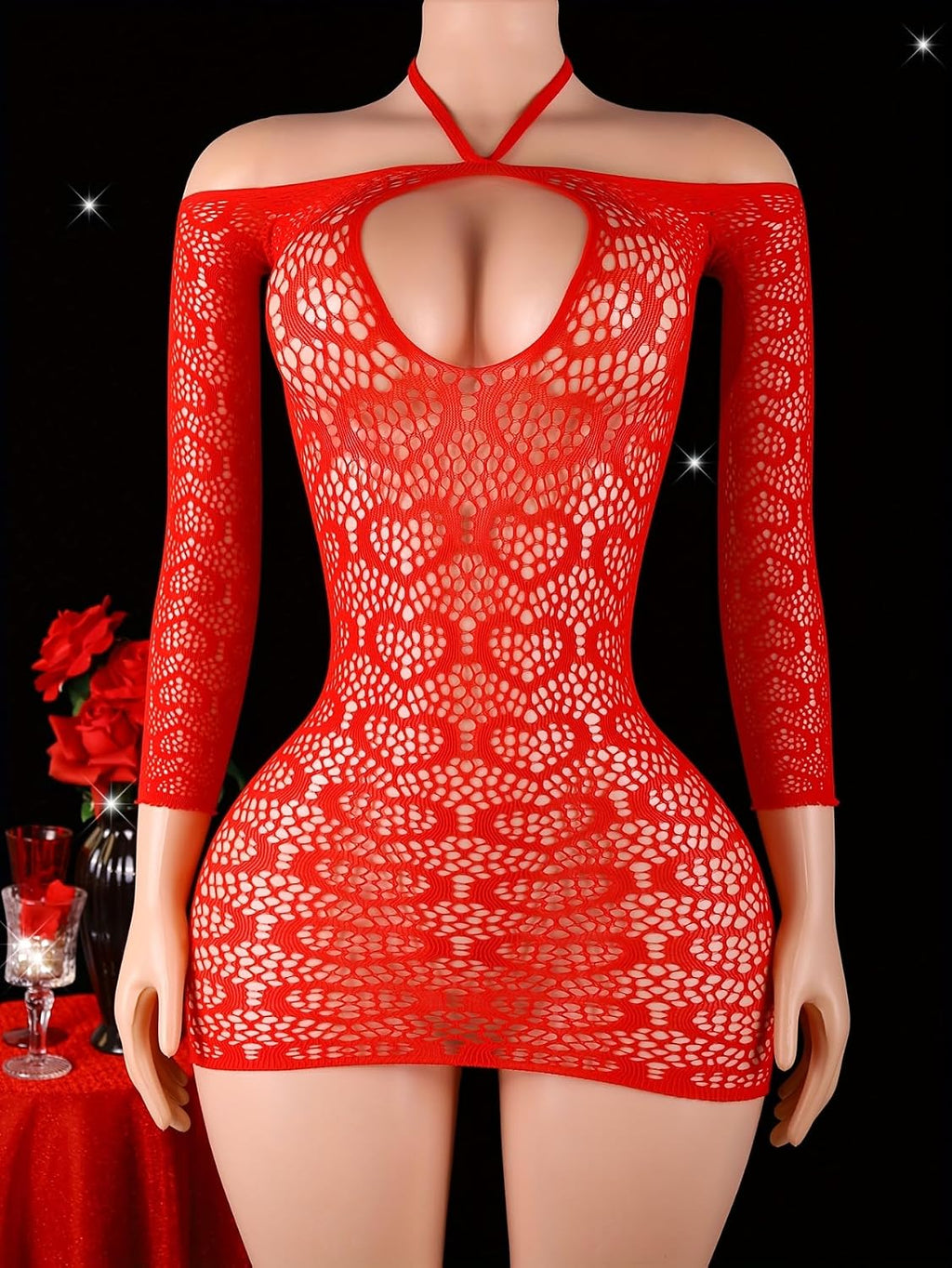 1pc Christmas Red Heart Print Dress, One Size Fits XS-M, Off-the-Shoulder Dress, Women'S Sexy Lingerie, Bodycon