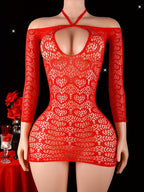 1pc Christmas Red Heart Print Dress, One Size Fits XS-M, Off-the-Shoulder Dress, Women'S Sexy Lingerie, Bodycon