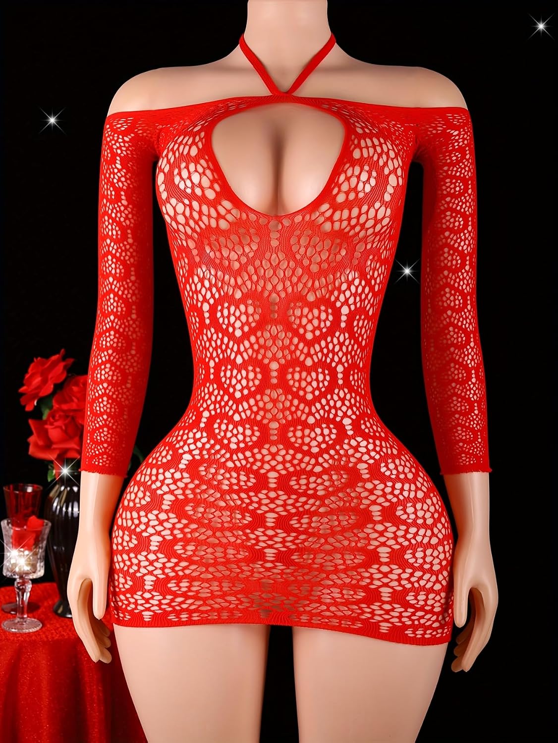1pc Christmas Red Heart Print Dress, One Size Fits XS-M, Off-the-Shoulder Dress, Women'S Sexy Lingerie, Bodycon