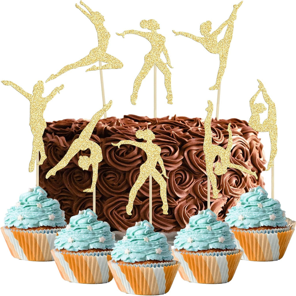 Gyufise 28pcs Gold Gymnast Cupcake Toppers - Gymnastics Birthday Party Supplies for Gym Theme Decoration - 2x5.5in Paper Toppers - 28 Count