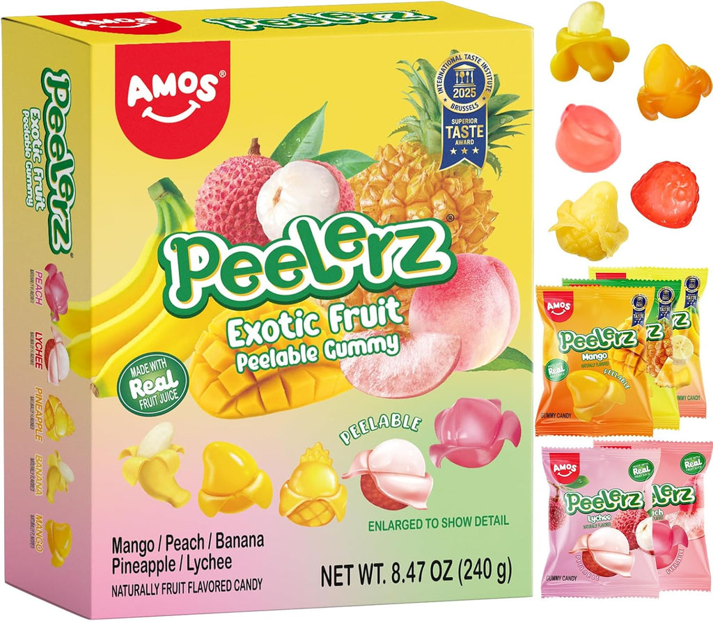 AMOS Peelerz Exotic Fruit Peelable Gummy Candy – 5 Fruit Flavors (Mango, Peach, Banana, Pineapple, Lychee), 8.47oz (240g), Individually Wrapped