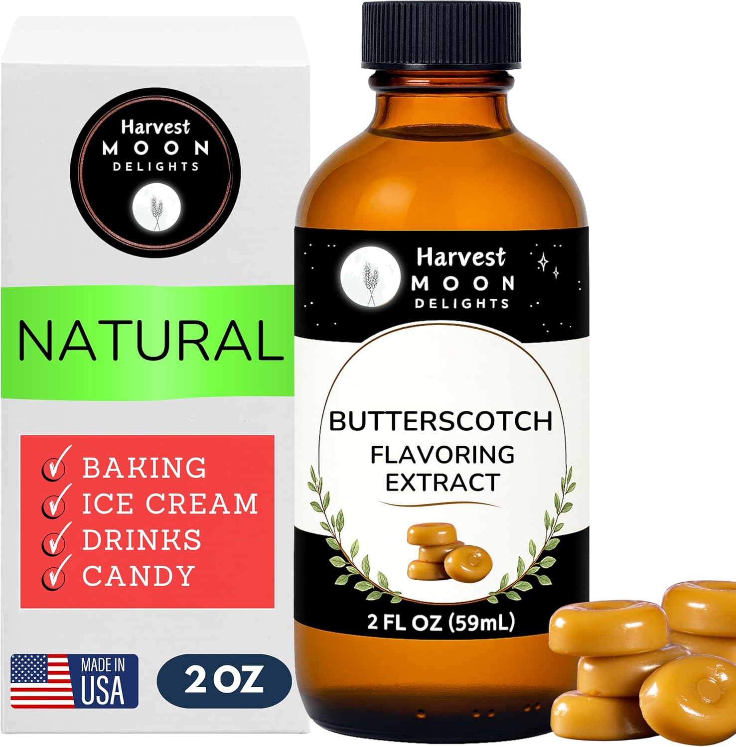 Natural Butterscotch Extract for Baking, Drinks, Ice Cream and Candy - 2 Oz - Water-Soluble - Harvest Moon Delights - Butterscotch Flavoring, Flavor