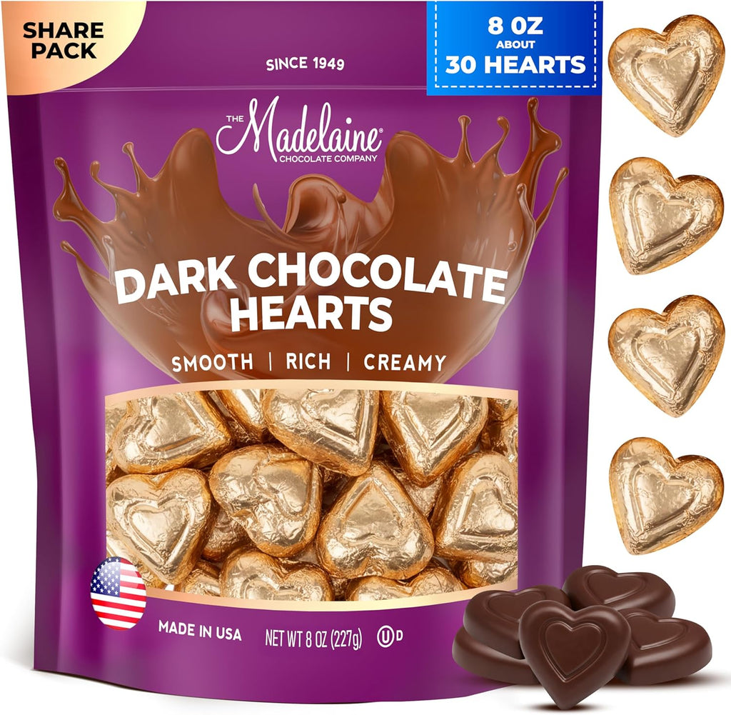 Madelaine Dark Chocolate Mini Heart Candy – Valentine’s Day Chocolates, Individually Wrapped in Embossed Bronze Gold Foil – 8 Oz