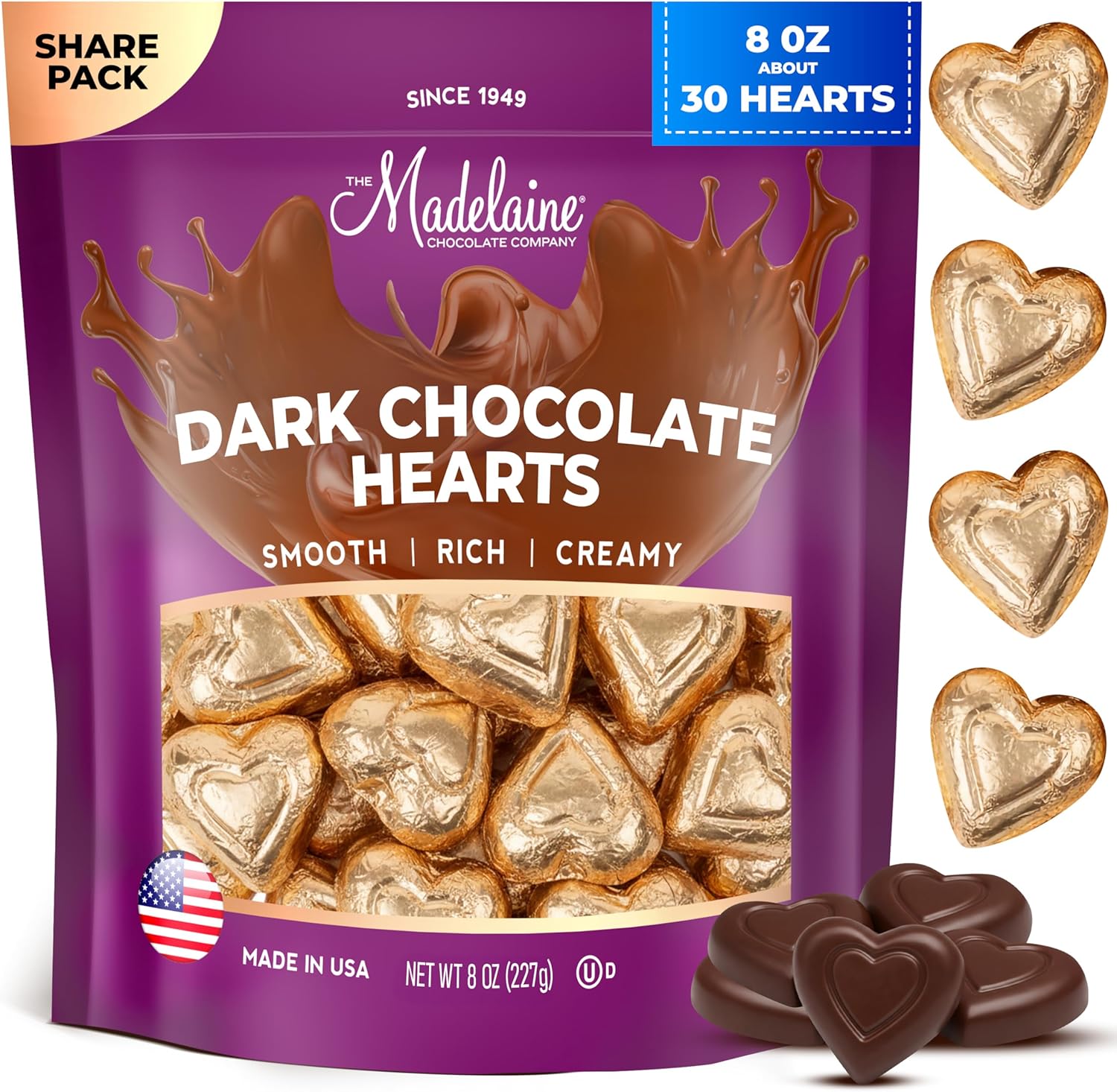 Madelaine Dark Chocolate Mini Heart Candy – Valentine’s Day Chocolates, Individually Wrapped in Embossed Bronze Gold Foil – 8 Oz