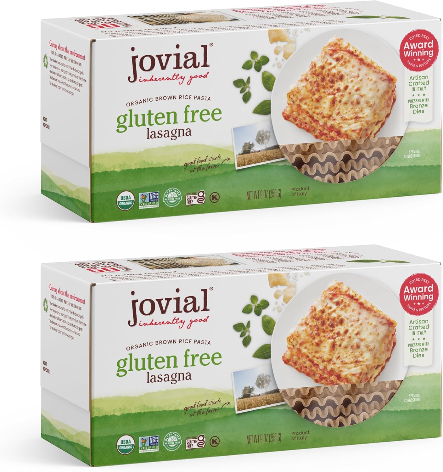 Jovial Gluten Free Lasagna Noodles - Organic Brown Rice Lasagna Pasta, Whole Grain Pasta, Dairy Free, Glyphosate Free, Made in Italy - 9 Oz, 2 Pack