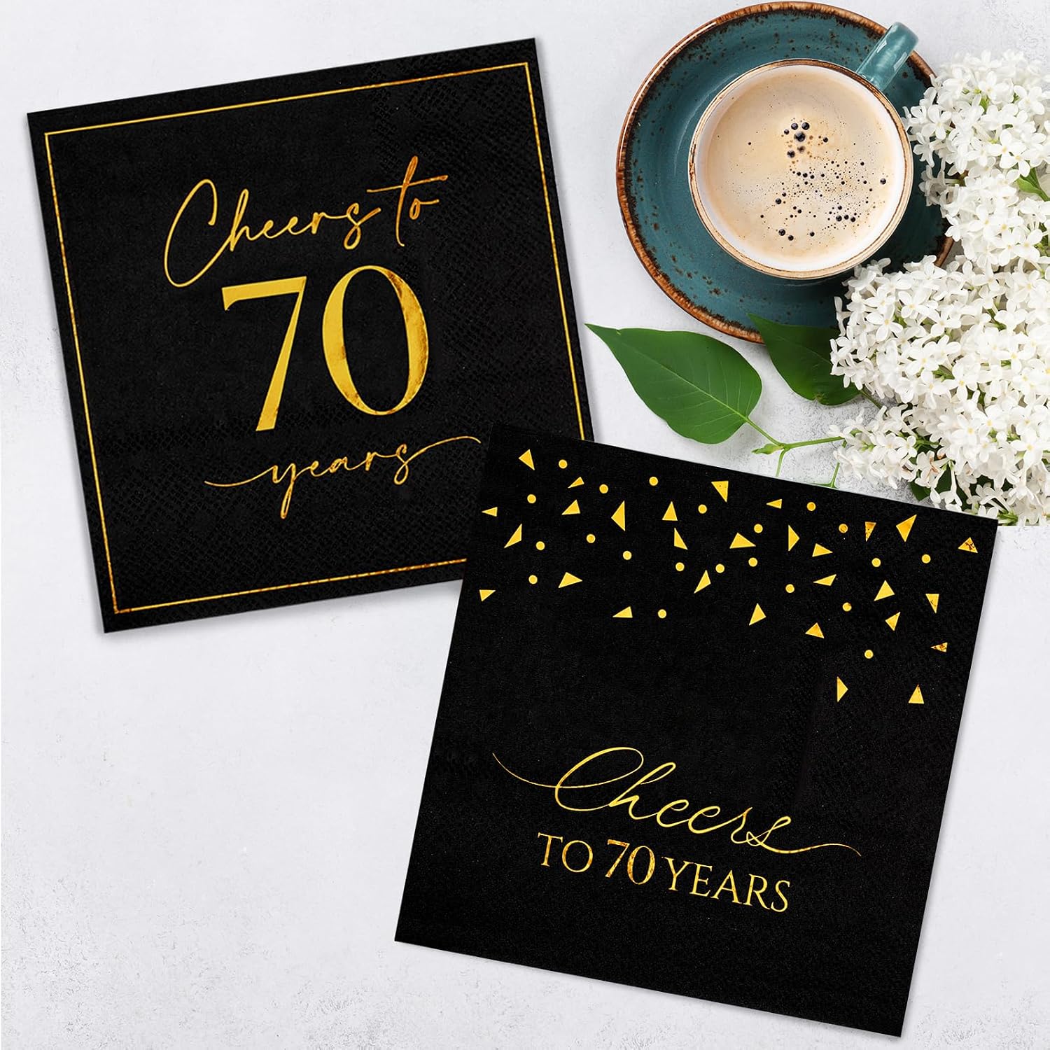 Hunanyume 50PCS 70th Birthday Napkins, Cheers to 70 Years Cocktail Napkins 5x5 Inches Party Napkins Paper Beverage Napkins for Anniversary 70th Birthday Decorations for Men(Black and Gold)
