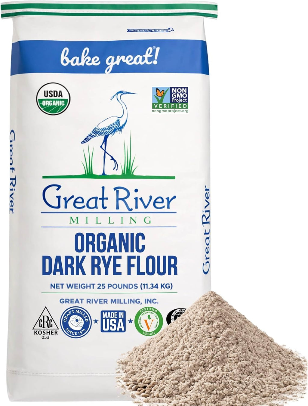 Great River Milling Organic Dark Rye Flour | Whole Grain, Non-GMO, Kosher, Unbromated | Earthy Flavor for Rye Bread, Sourdough Starter, Bagels, Crackers & Artisan Baking | 25 Lb