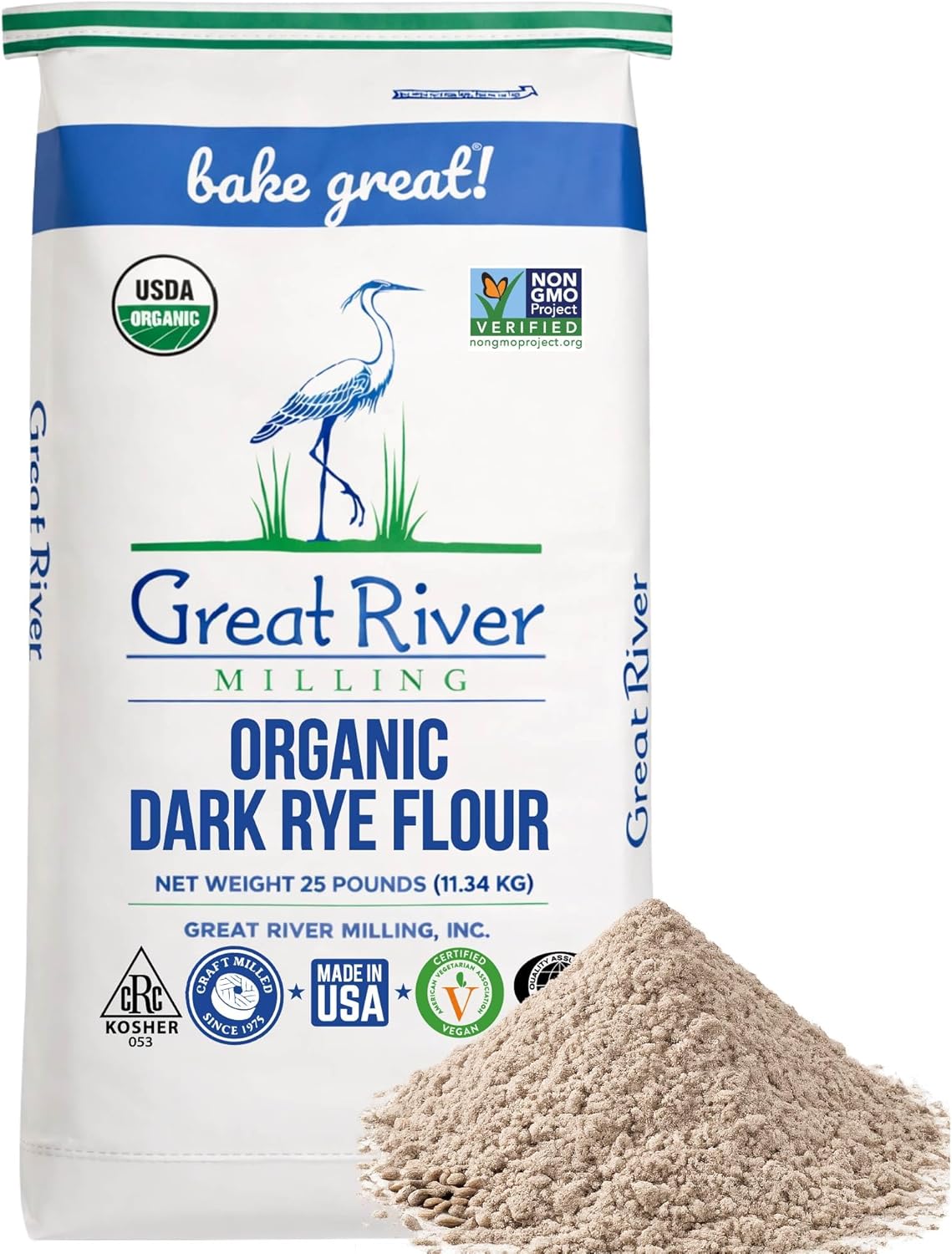 Great River Milling Organic Dark Rye Flour | Whole Grain, Non-GMO, Kosher, Unbromated | Earthy Flavor for Rye Bread, Sourdough Starter, Bagels, Crackers & Artisan Baking | 25 Lb