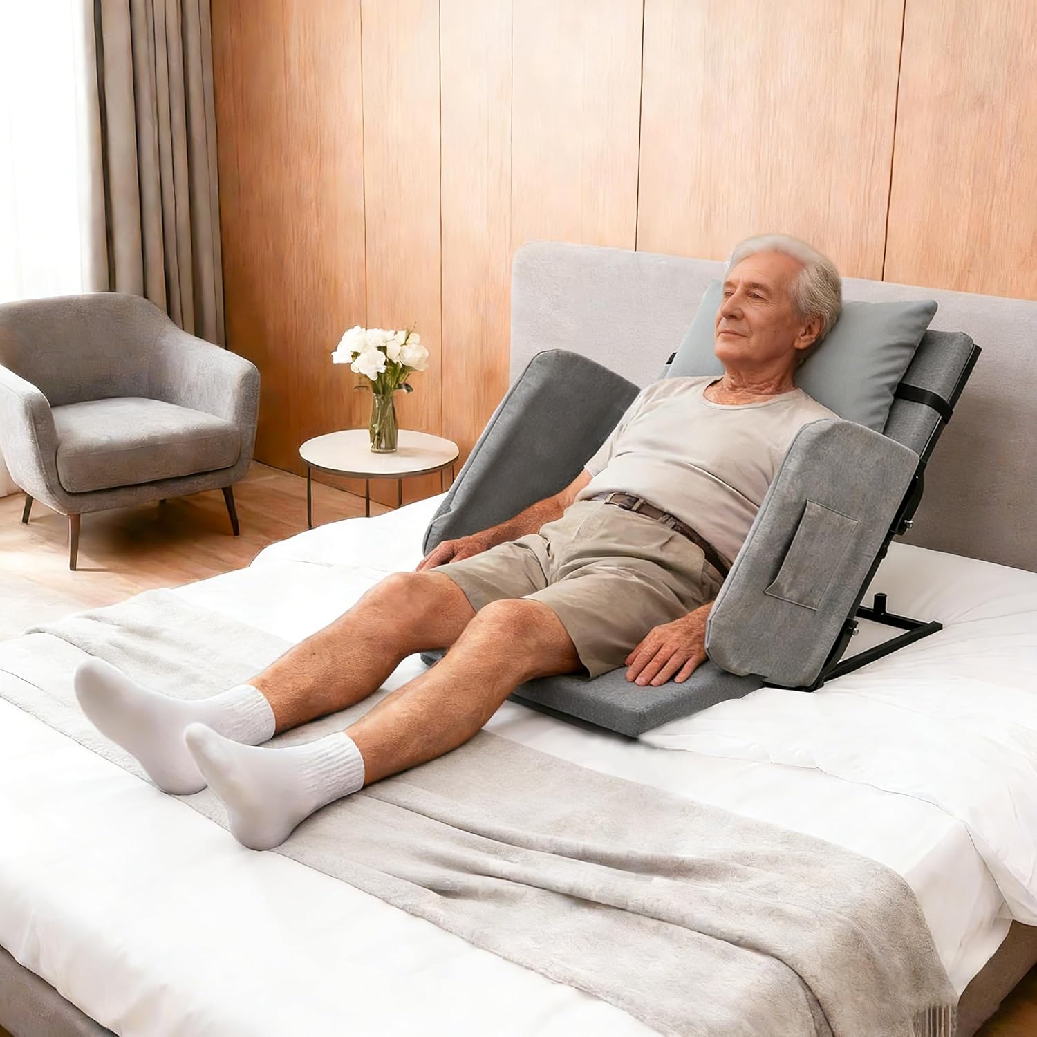 Electric Lifting Backrest for Bed, Adjustable Power Recliner Bed with Remote Control, 2°-80° Adjustable Angle, with Handrail Fence&Headrest Cushion, Suitable for Pregnancy&Elderly&Patients