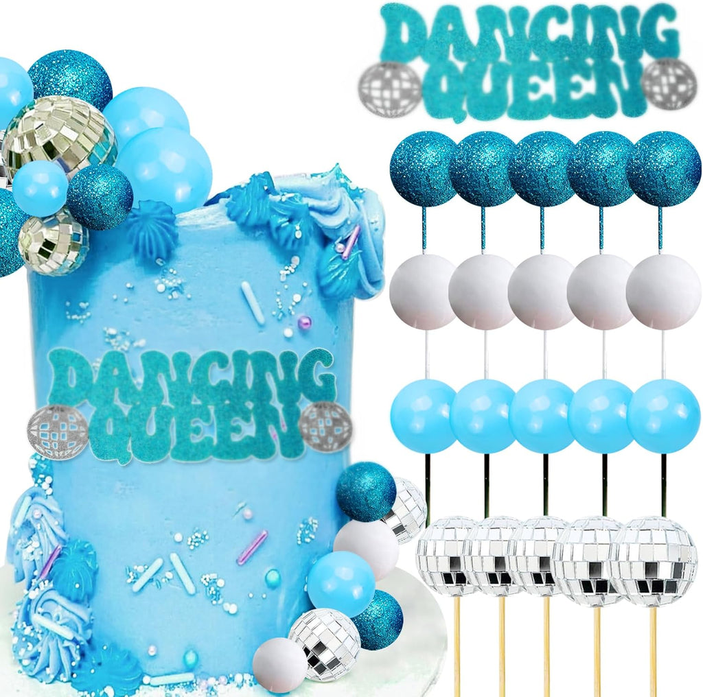 JeVenis Disco Ball & Cake Toppers - Dancing Queen Decorations, Silver Balls & Bells for 80s Themed Cake