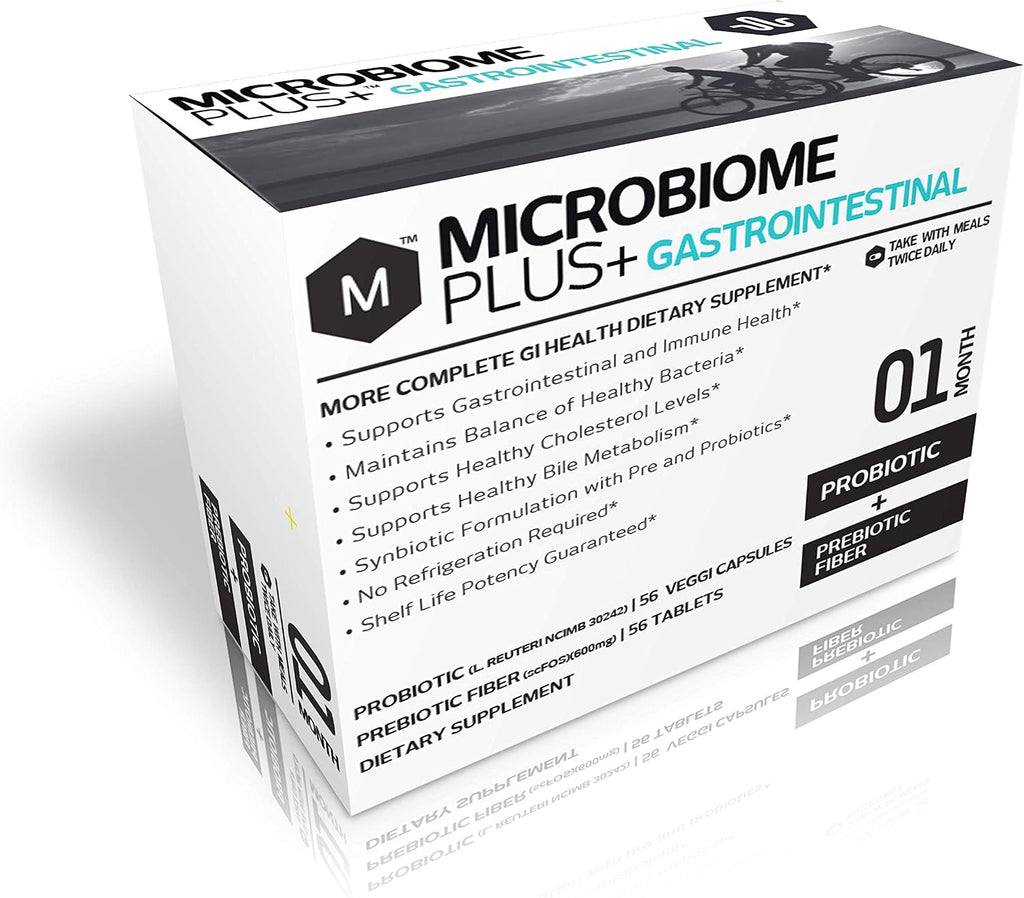 Microbiome Plus Gastrointestinal Probiotics L Reuteri NCIMB 30242 and Prebiotics scFOS, GI Digestive Supplements, Allergy Safe, Gluten-Free Probiotic Supplement for Men and Women (1 Month Supply)