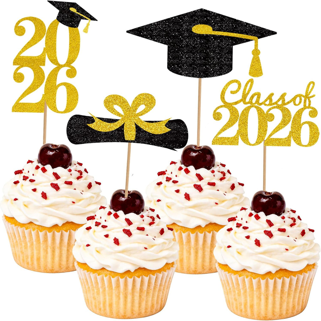 Graduation Cupcake Toppers 2026, Graduation Decorations 2026 Graduation Cake Topper, Glitter Grad Cap Diploma Food Appetizer Picks For Graduation Theme Party Cake Decorations Supplies, 24 Pack, Gold