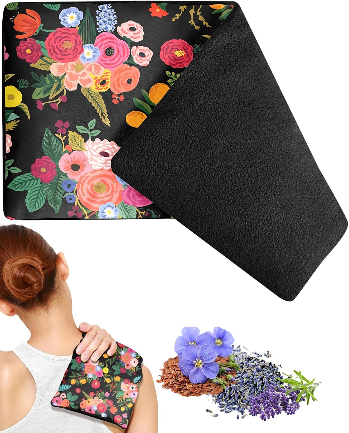 Swooflia Microwave Heating Pad for Warm Cold Compress - Lavender Flaxseeds Bags Hot Pack for Heat Therapy Chronic Pain Relief Back Cramps Shoulders Neck Women, Black Florals Detachable Stuffed Cover