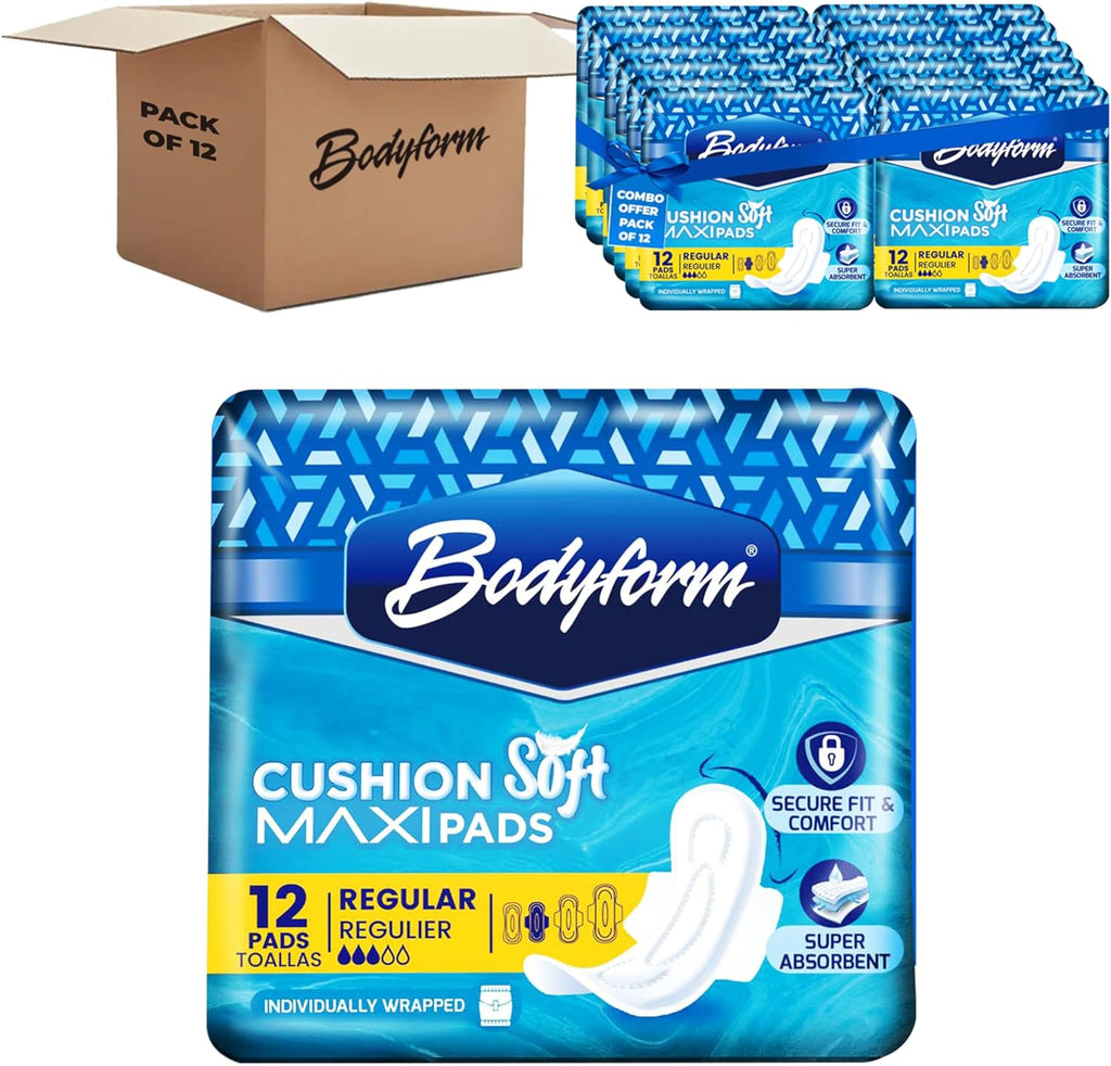 Bodyform Maxi - Value Sanitary Napkins, Cushion Soft Always Comfortable and Ultra-Absorbent (Regular Wings, 144 Count (12 Packs of 12 Counts))
