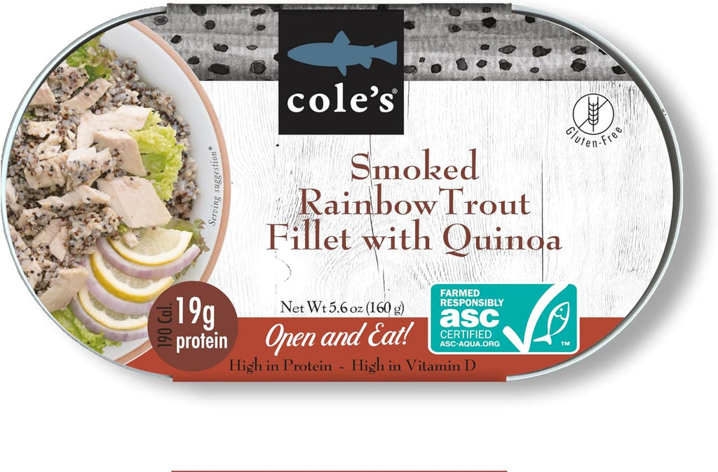 COLE’S - Smoked Rainbow Trout Fillet with Quinoa | Open & Ready to Eat Meal | 5.6 oz Canned & Hand-Packed | 19g Protein | High in Vitamin D | 1 unit